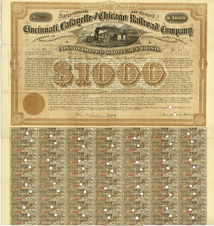 Cincinnati, Lafayette and Chicago Railroad Co. - $1000 Bond